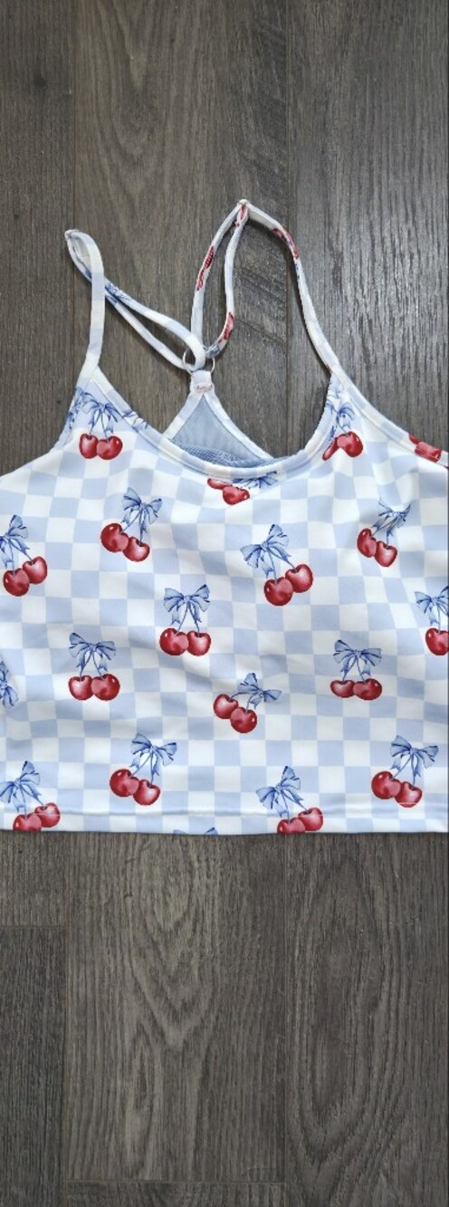 Birdies Blue & White Checkered Cami with Red Cherry Print